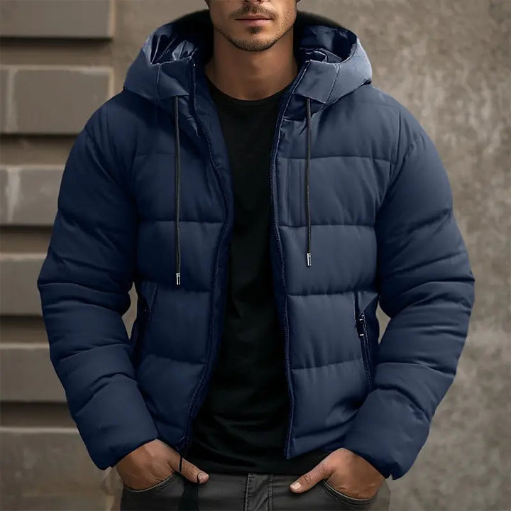 Men's Quilted Hooded Down Jacket with Zippered Pockets