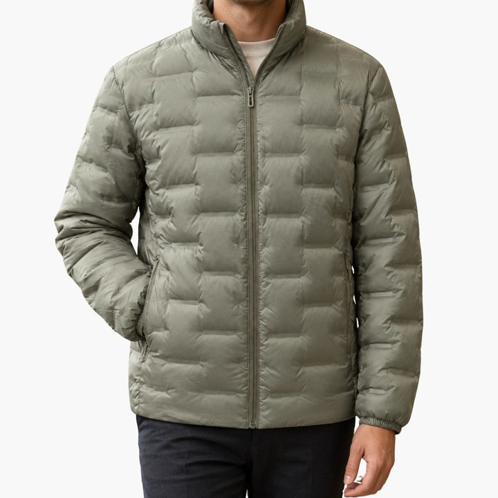 Men's Quilted Zippered Puffer Jacket with High Collar