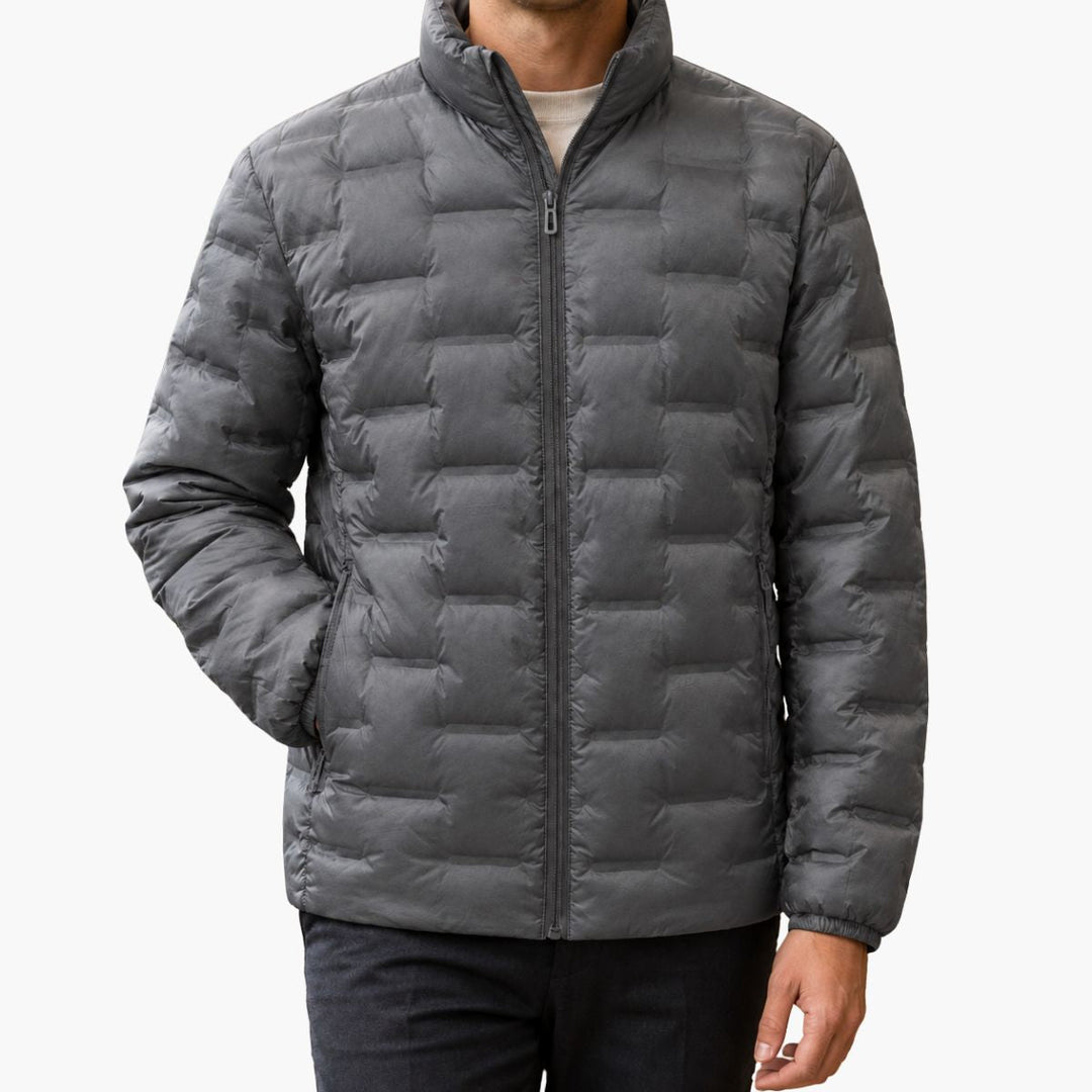 Men's Quilted Zippered Puffer Jacket with High Collar