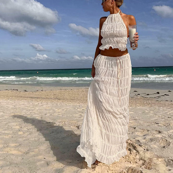 Odalys Boho Ruched Halter Backless Maxi Set, view 9 - Elena Harper