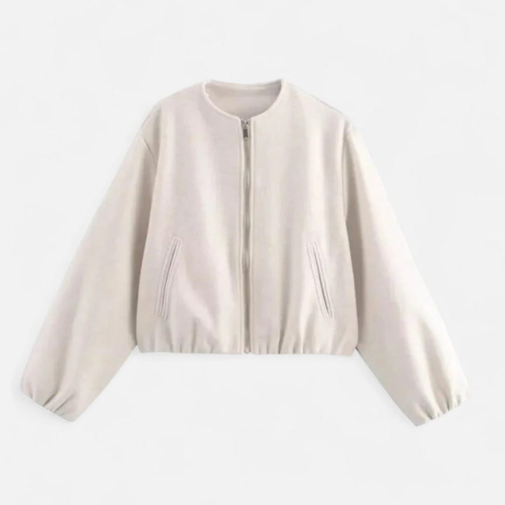 Women's Retro Zip Bomber Jacket – Round Neck, Casual Urban Style