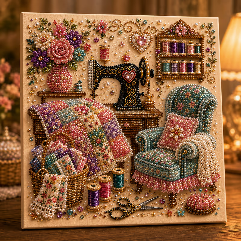 CozyGlow Sewing Room Diamond Painting Kit - Elena Harper