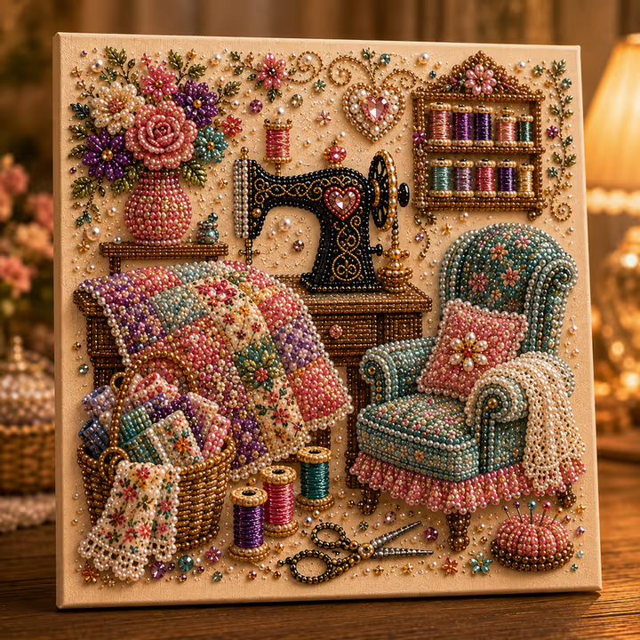 CozyGlow Sewing Room Diamond Painting Kit - Elena Harper