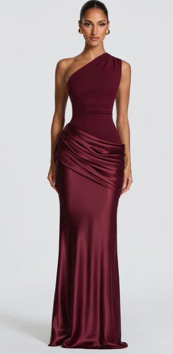 Women's Elegant One-Shoulder Maxi Dress with Draped Waist