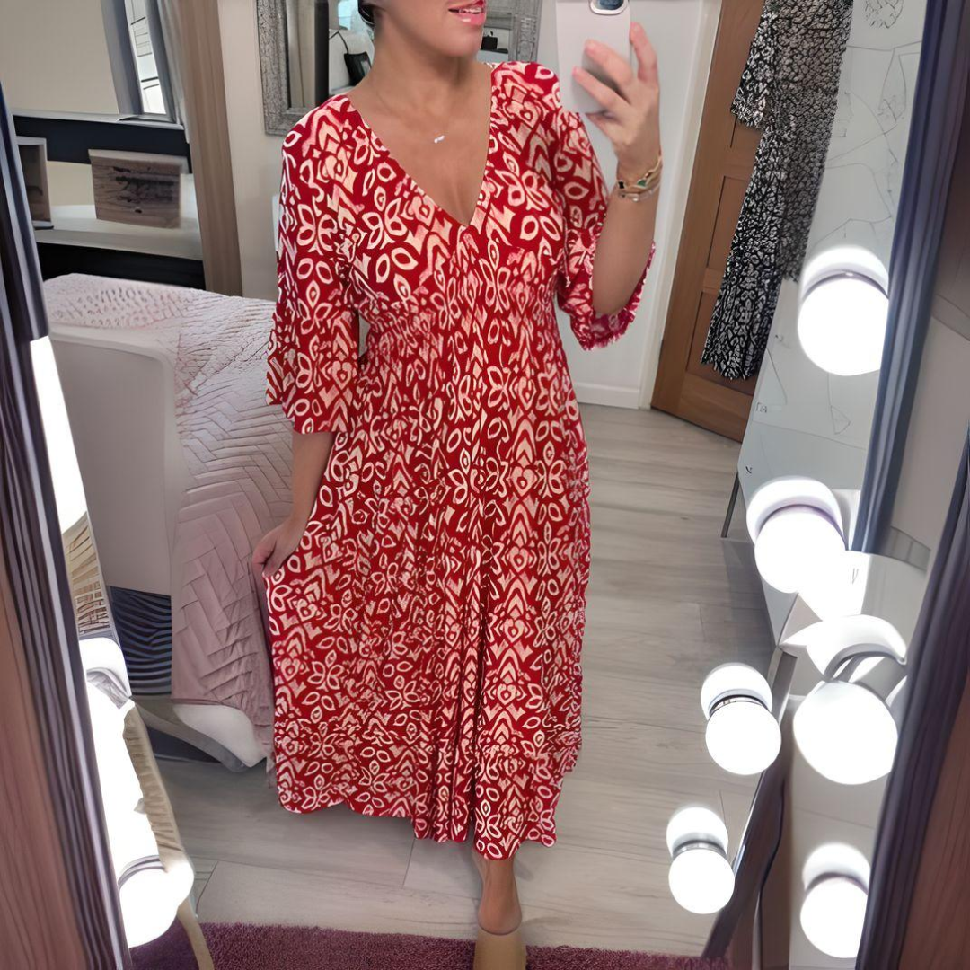 Loose Boho Dress with V-Neck and Graphic Pattern – Ankle Length