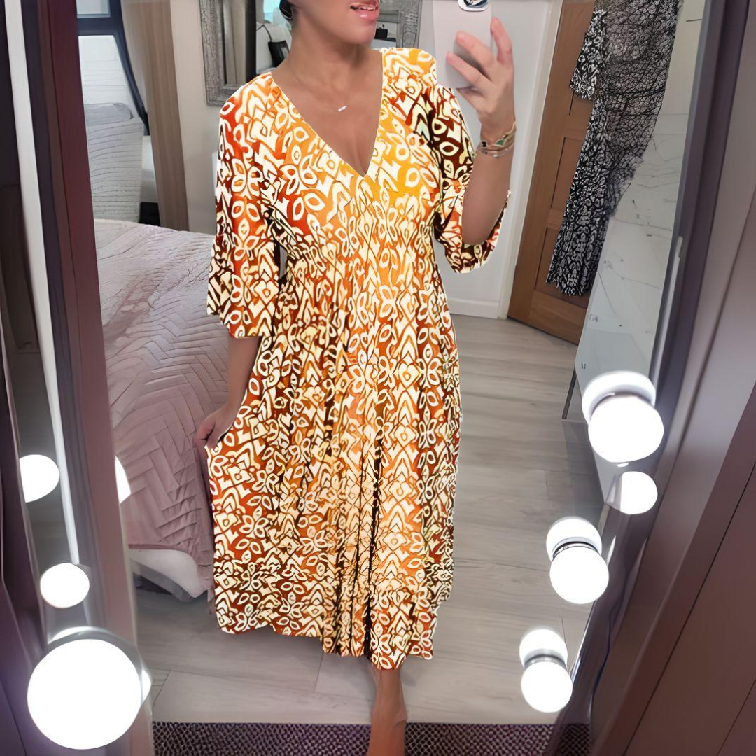Loose Boho Dress with V-Neck and Graphic Pattern – Ankle Length
