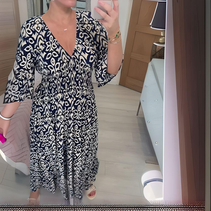Loose Boho Dress with V-Neck and Graphic Pattern – Ankle Length