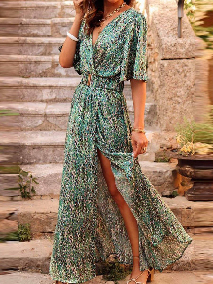 Belted V-Neck Maxi Dress for Women - High Slit Wrap Short Sleeve