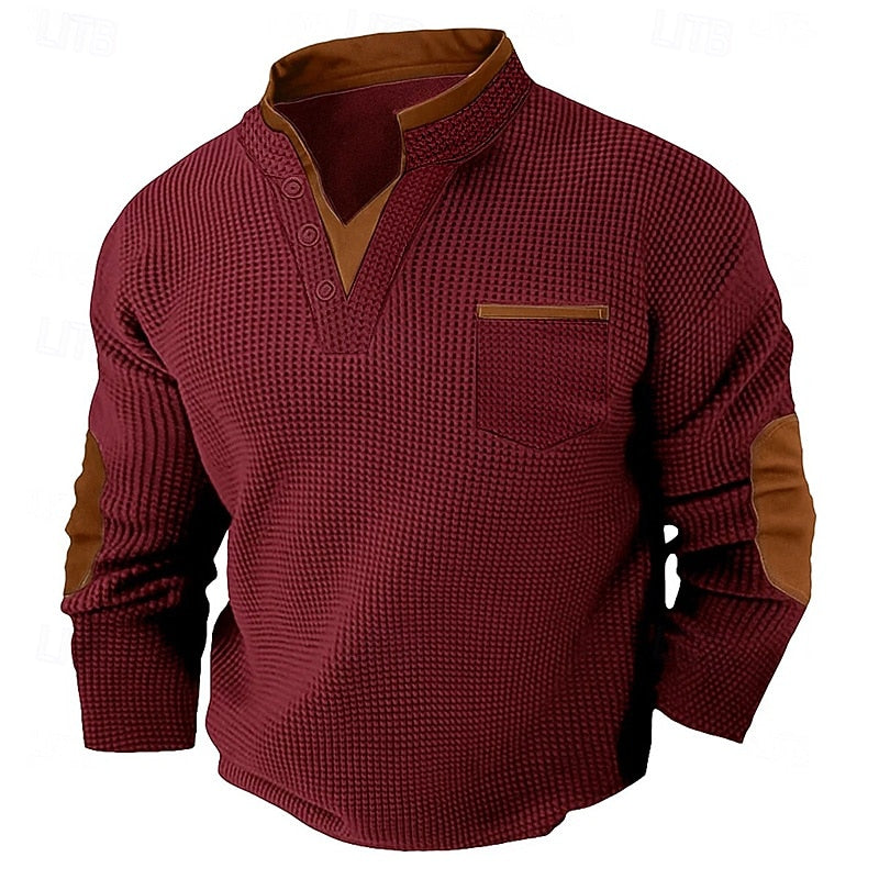 Russell Textured Waffle Henley Shirt, view 8 - Elena Harper
