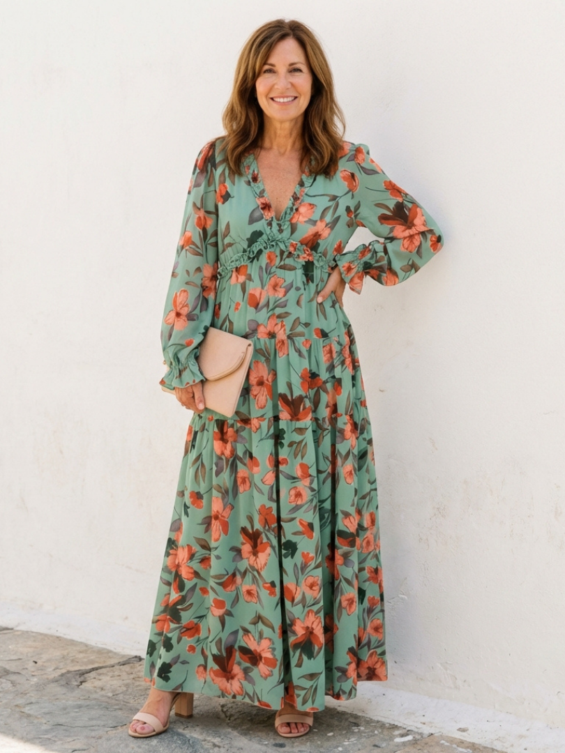 Women's Elegant Long Sleeve Floral Maxi Dress V-Neck Style, view 3 - Elena Harper