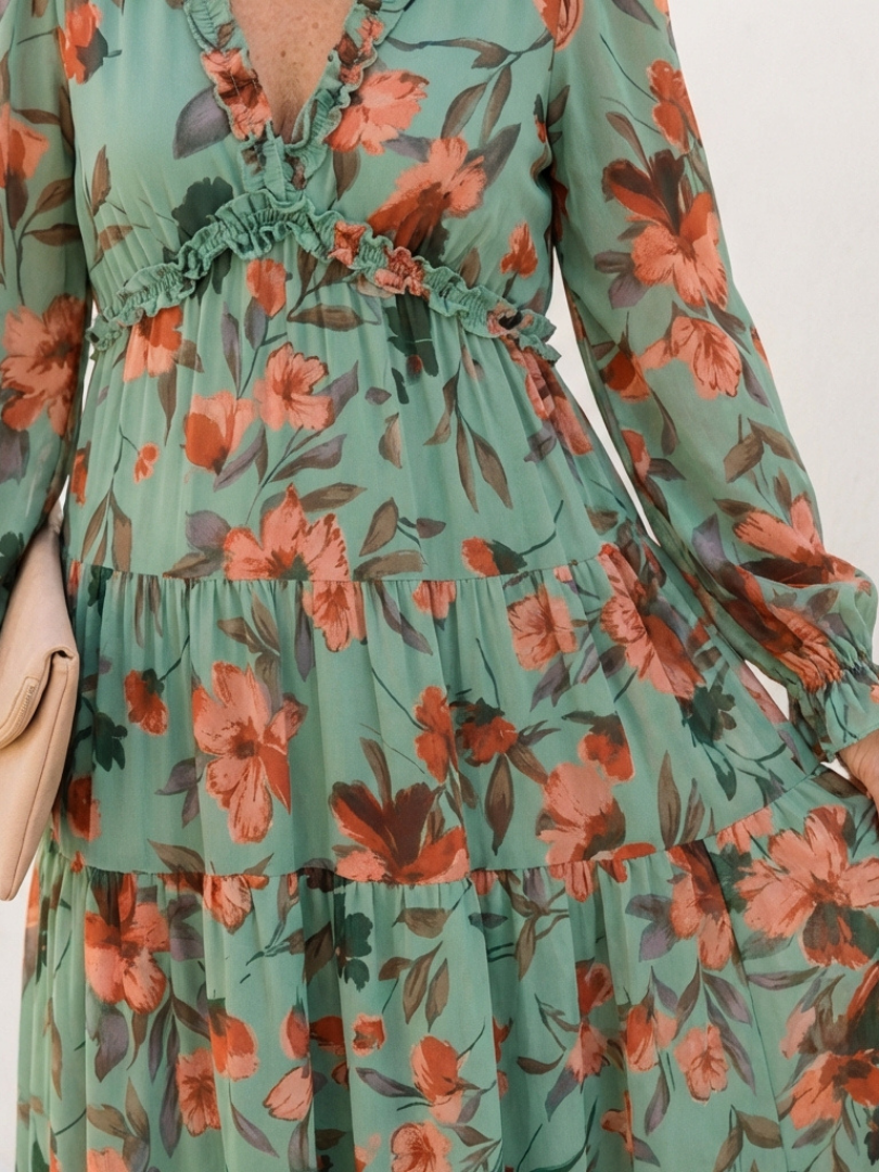 Women's Elegant Long Sleeve Floral Maxi Dress V-Neck Style, view 5 - Elena Harper