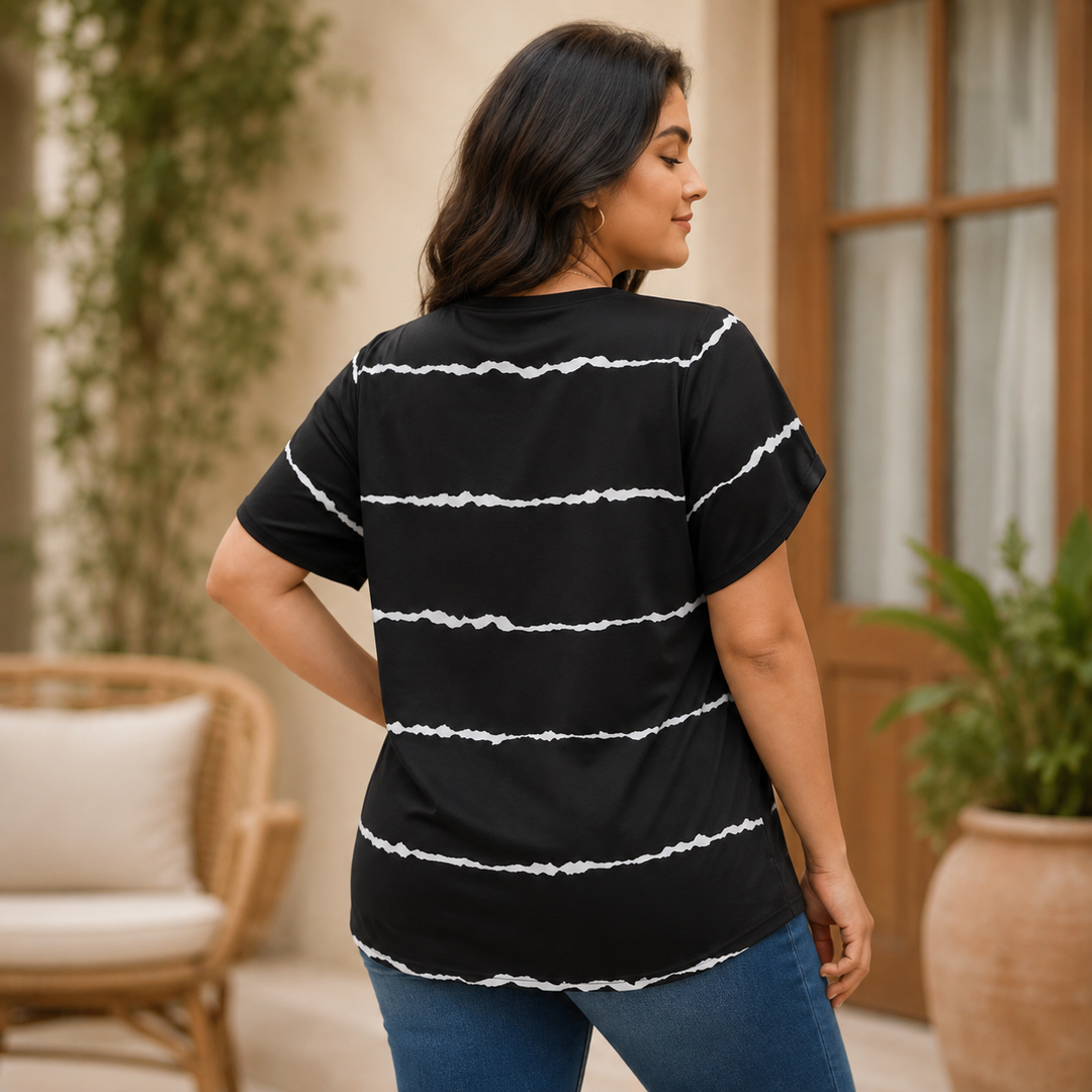 Curvella Striped V-Neck Stretch Knit Tee - Elena Harper