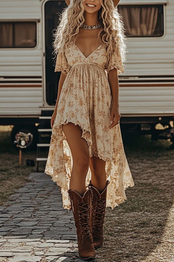 Floral Print V-neck Short-sleeved Fitted Waist Asymmetrical Midi Dress - Elena Harper
