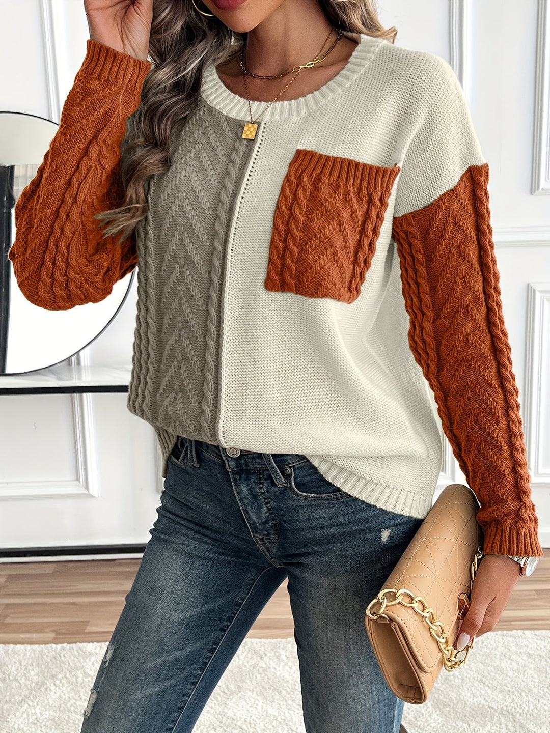 Chic and Comfortable Twisted Knit Patchwork Sweater for Women