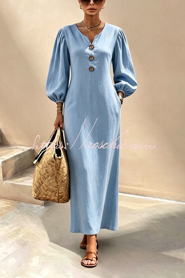 Elegant V-Neck Lantern Sleeve Maxi Dress
