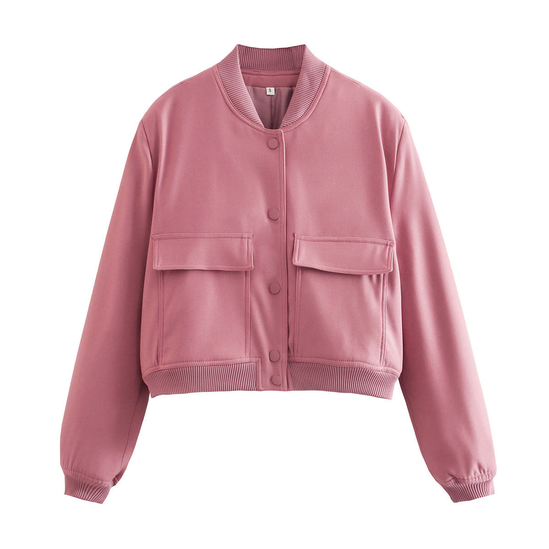 Women's Autumn Bomber Jacket with Front Pockets and Solid Color Design