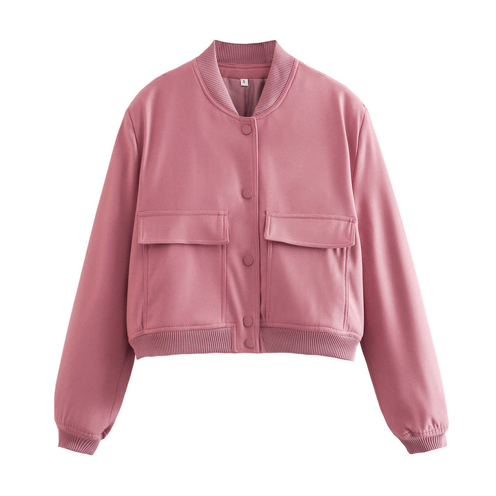 Women's Autumn Bomber Jacket with Front Pockets and Solid Color Design