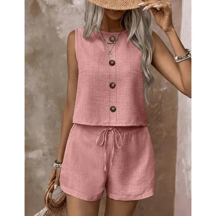 Summer Women's Set with Sleeveless Button Top and Adjustable Shorts