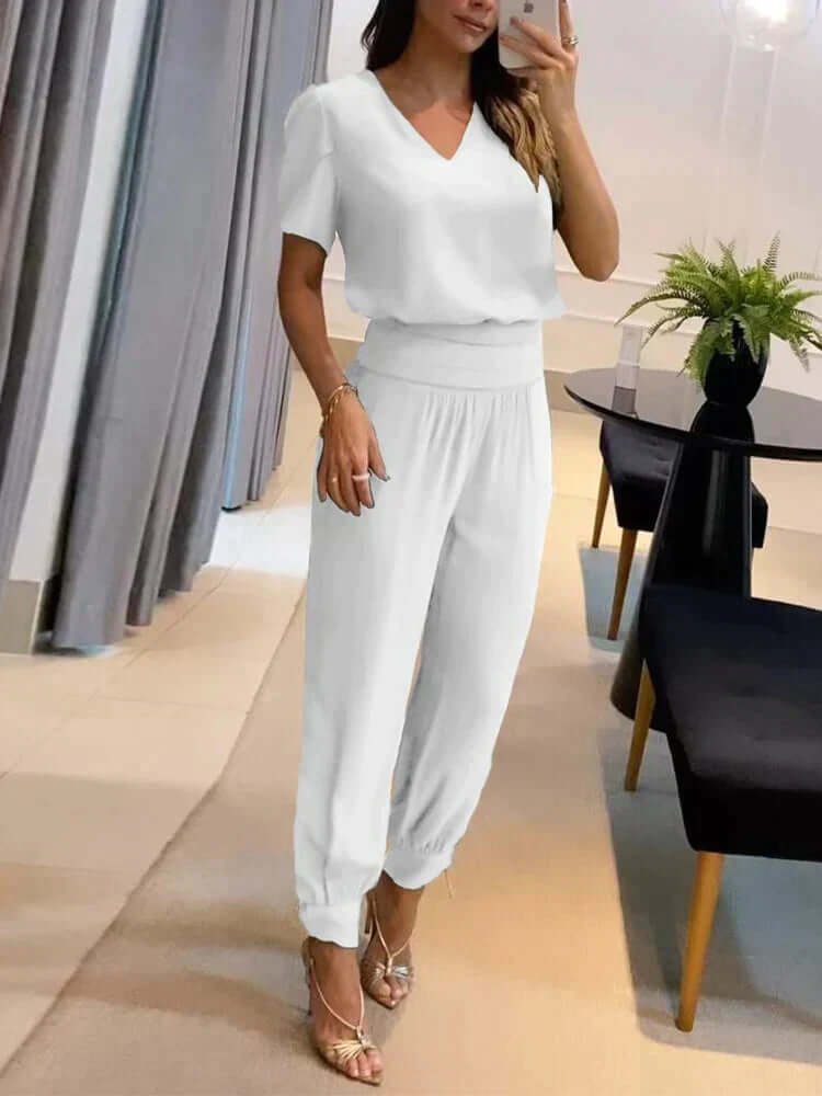 Women's  V-Neck Top & Elastic Waist Pants