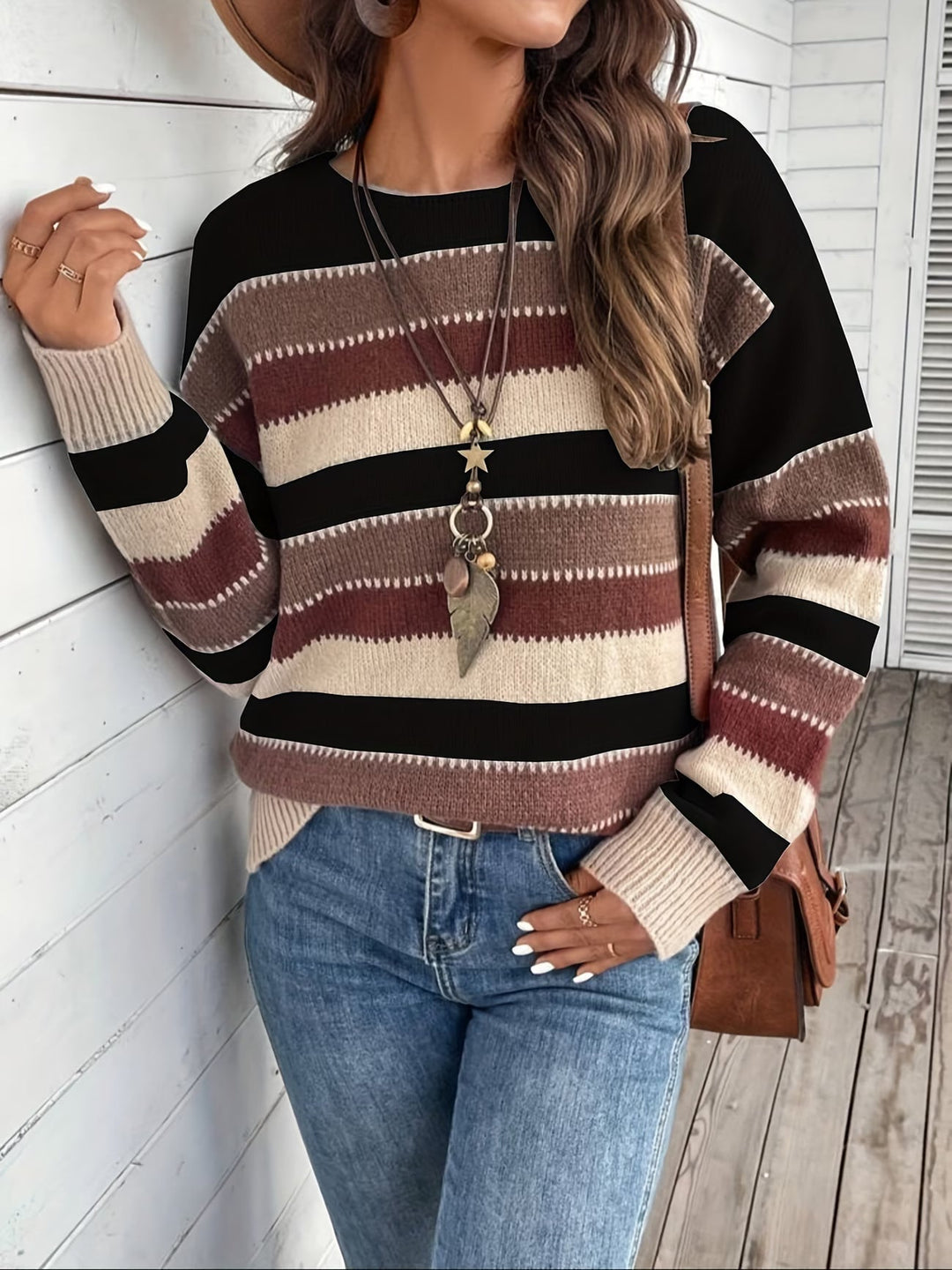 Women's Striped Knit Sweater with Round Neck