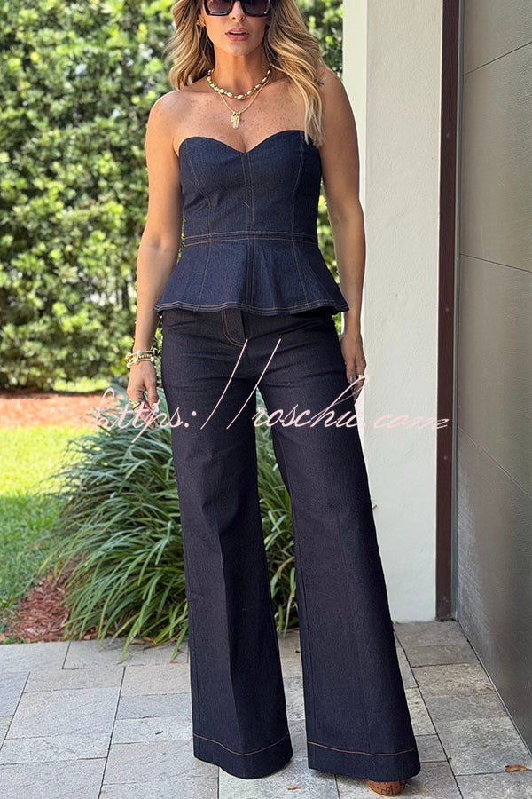 Kerstin Denim Flare Hem Strapless Zipper Top and High Rise Pocket Wide Leg Pants Set - Elena Harper