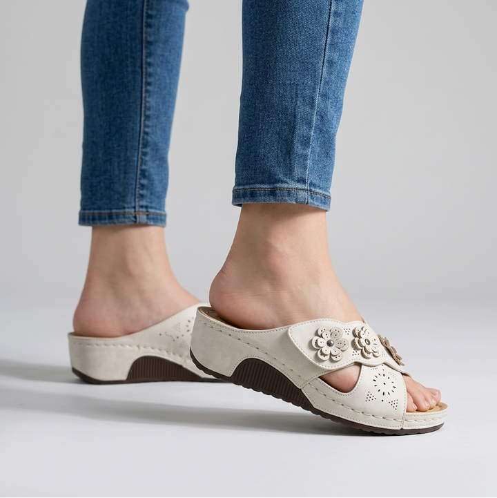Amycca Comfortable Wedge Slippers with Floral Applications, view 10 - Elena Harper