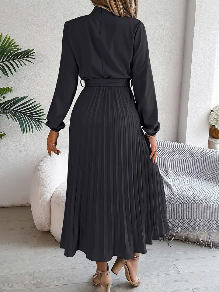 Women's Elegant Long-Sleeve Belted Midi Dress