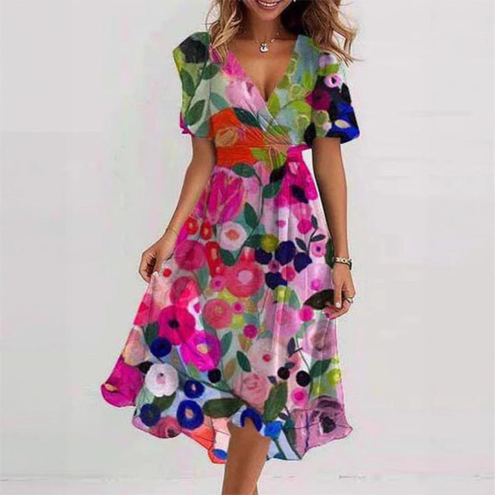 Women's Midi Floral Wrap Dress – A-Line Style with Short Sleeves
