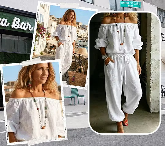 Women's Off-Shoulder Set with Flowing Pants