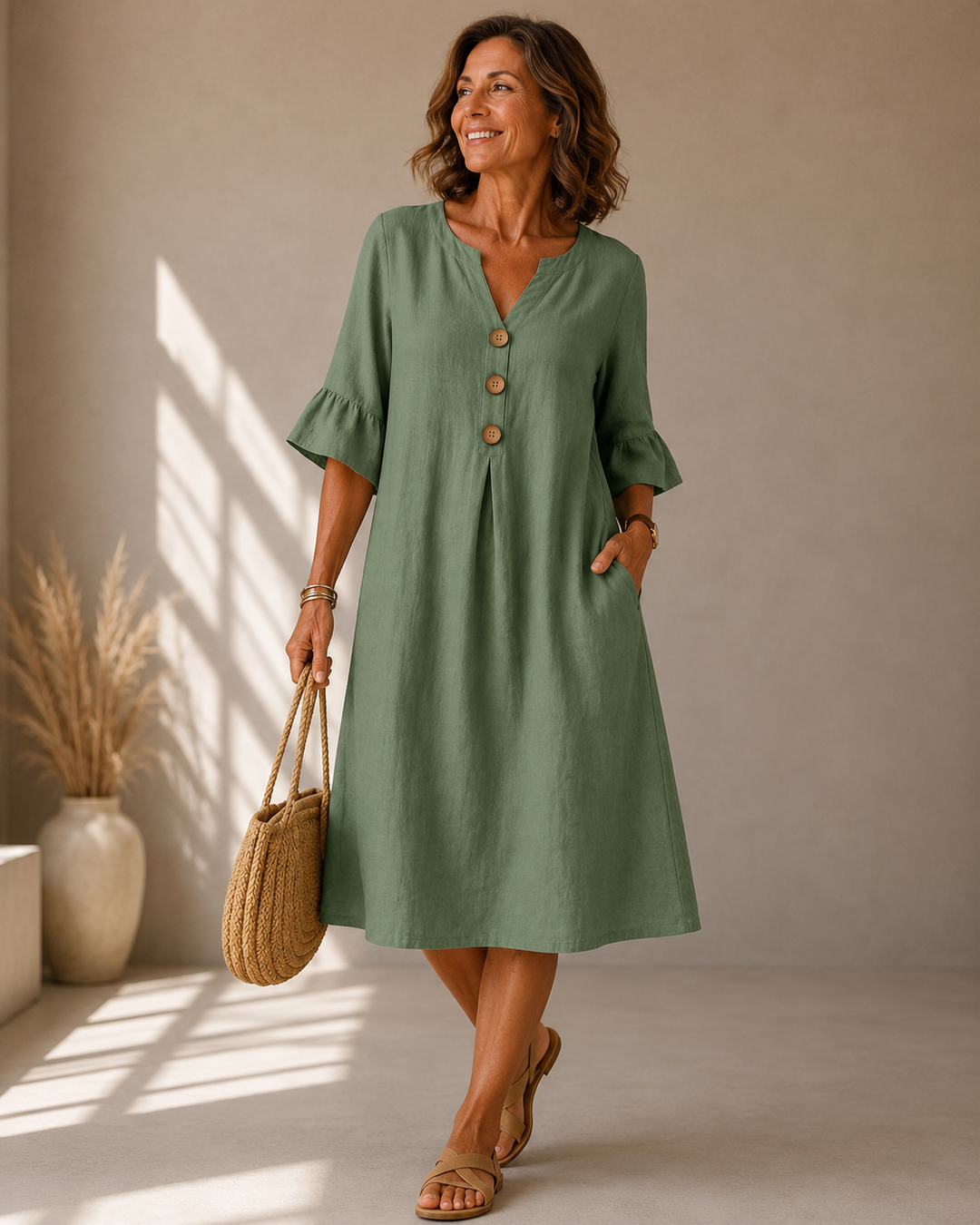 Corinne™ | Belly-Covering Midi Dress with Buttons