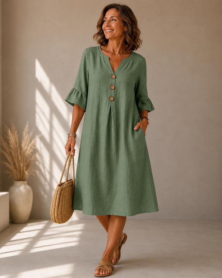 Corinne™ | Belly-Covering Midi Dress with Buttons