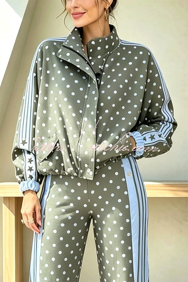 Lucienne Polka Dot Striped Star Print Zipper High Neck Pocket Sporty Jacket