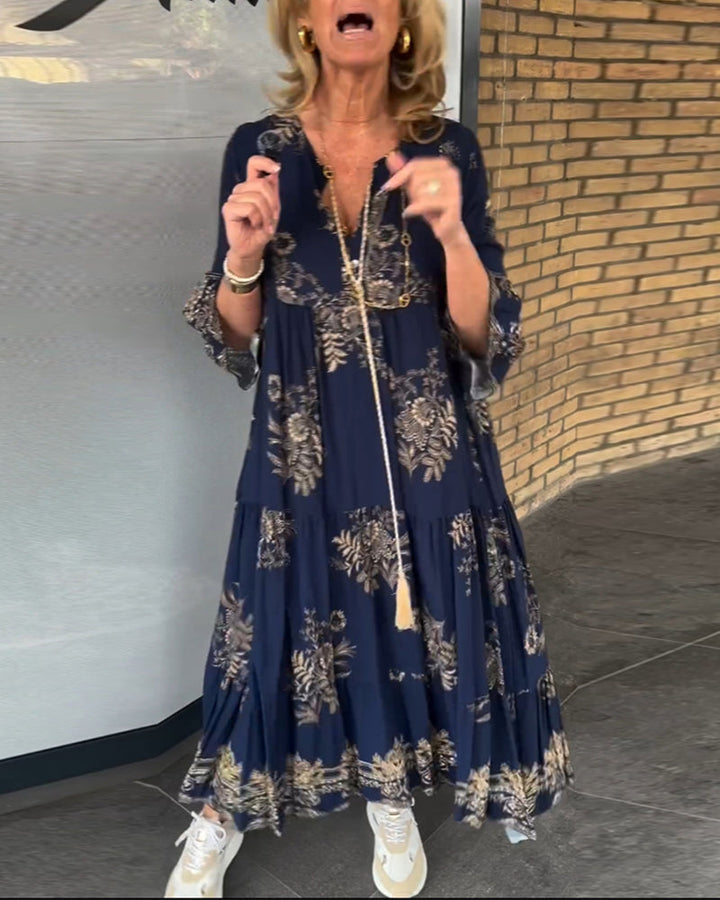 Nora Vintage Loose V-Neck Midi Dress - Elena Harper