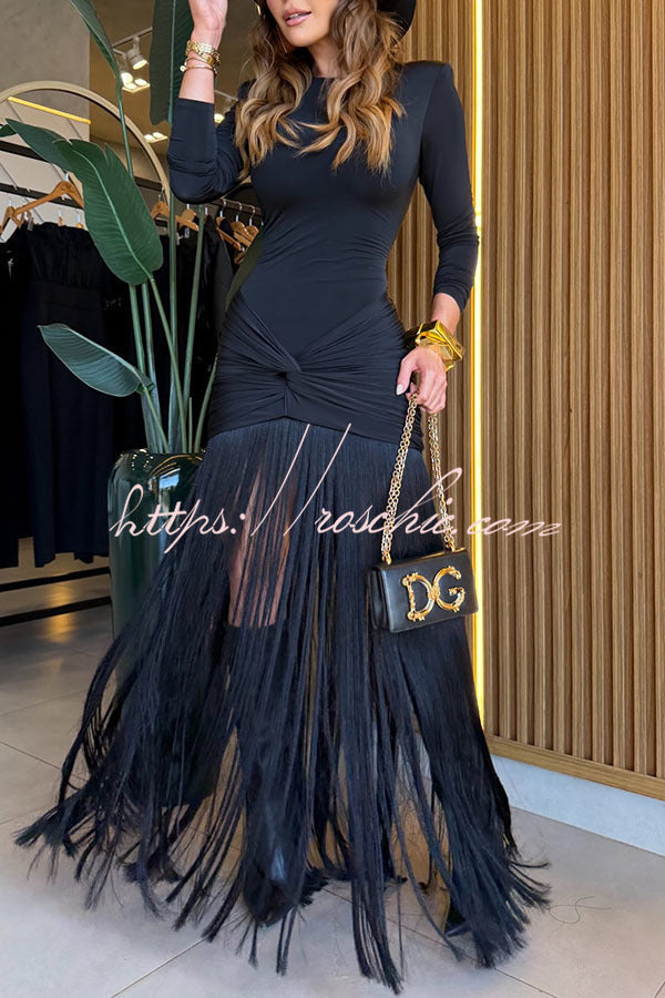Kyra Shoulder Pads Long Sleeve Twist Design Tassel Hem Stretch Maxi Dress