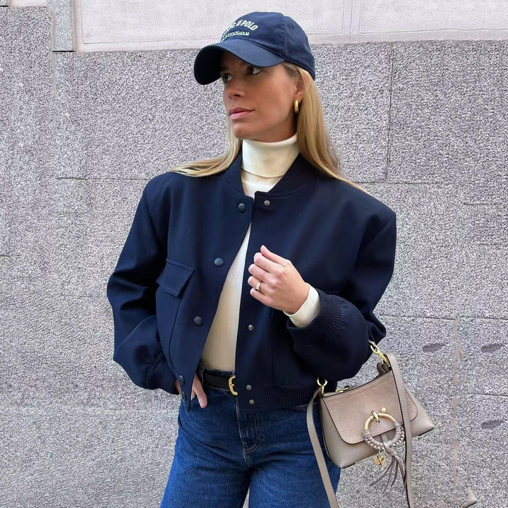 Women's Autumn Bomber Jacket with Front Pockets and Solid Color Design