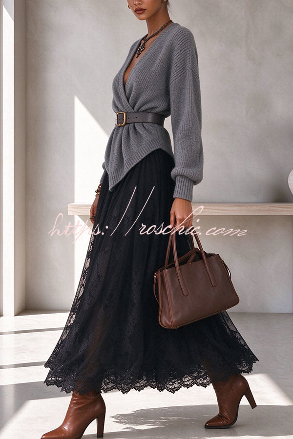 Exquisite Lace High Rise Elastic Waist A-line Maxi Skirt