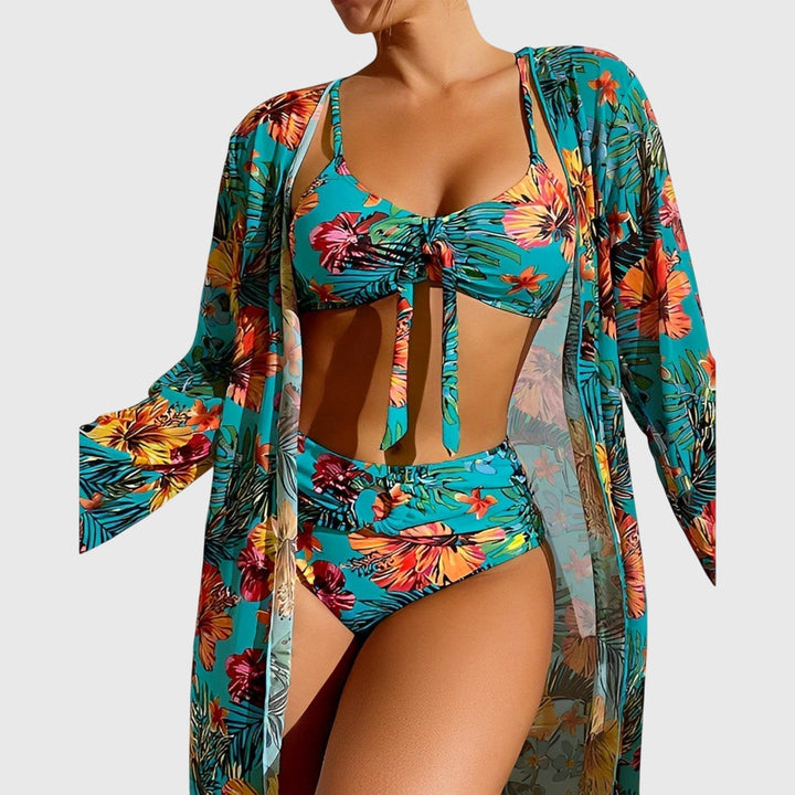 Three-Piece Women's Bikini Tropical Print Knotted Top Matching Kimono