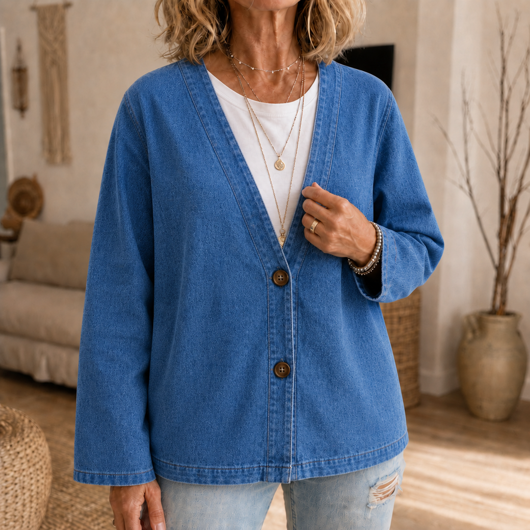 Drapella Collarless Soft-Denim-Look Button-Down Cardigan - Elena Harper