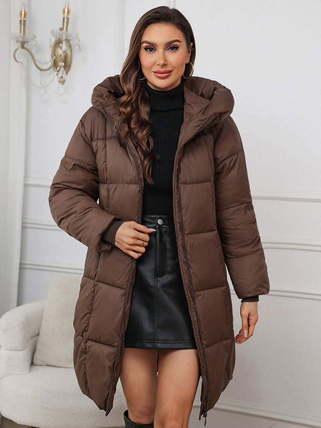 Women's Long Hooded Winter Puffer Coat, view 2 - Elena Harper