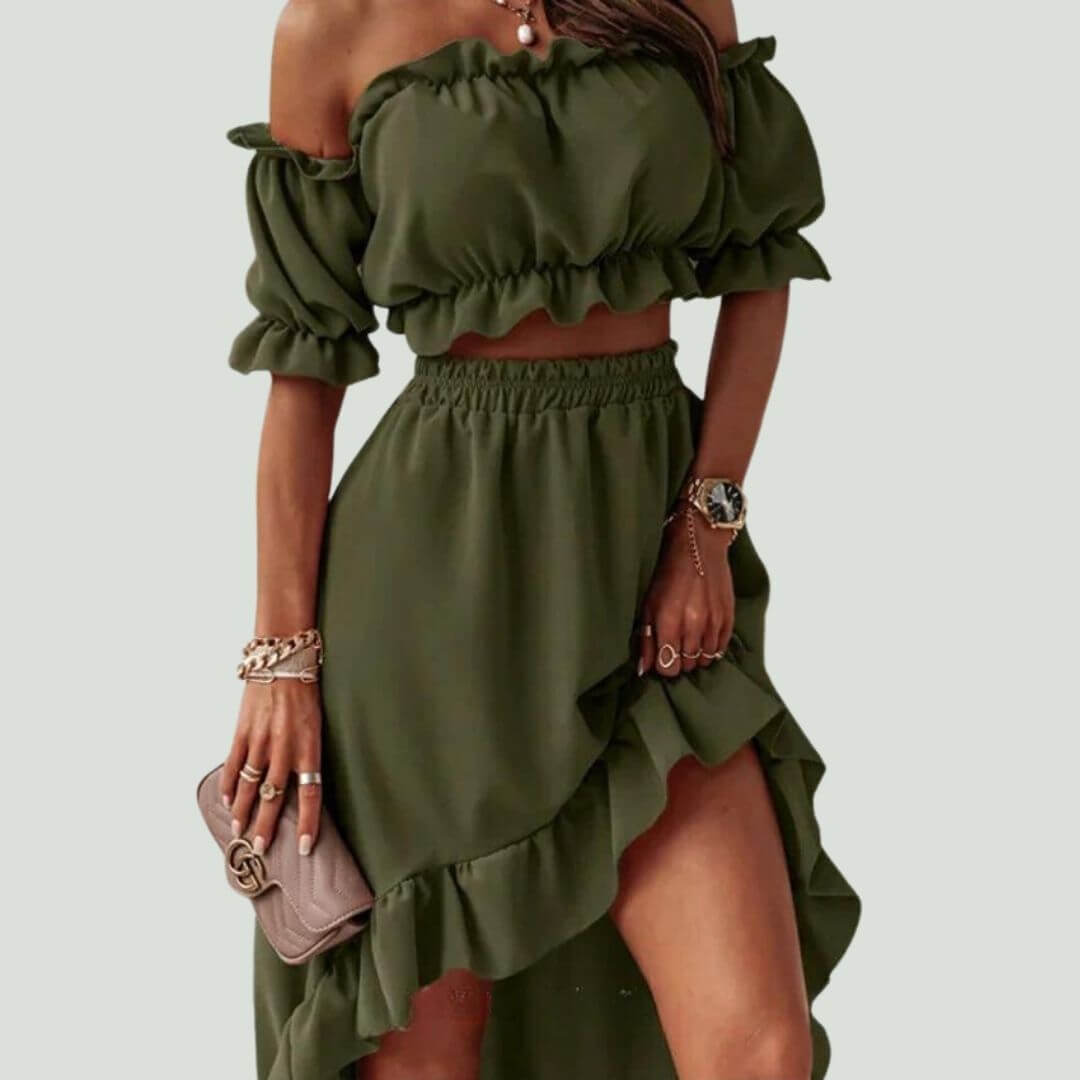 Women's Off-Shoulder Frill Crop Top & High-Low Skirt Set, view 7 - Elena Harper