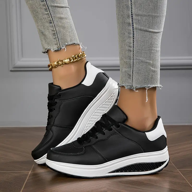 Women’s Sneakers with Wedge Sole, Synthetic Leather, Minimalist Laces