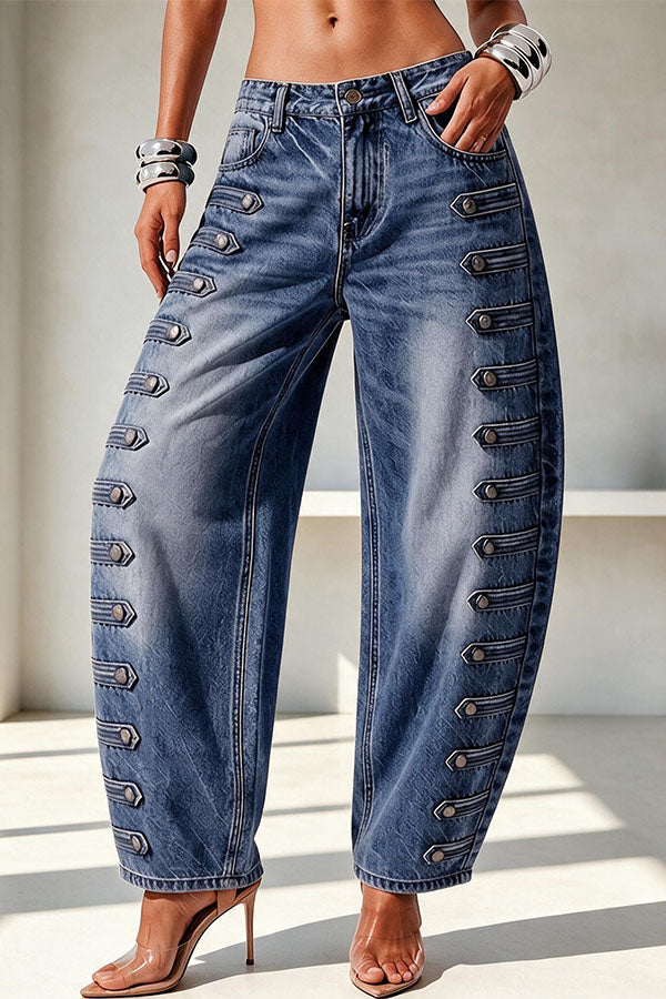 Napoleon-style Denim Metal Buttons Detail High Rise Pocket Loose Jeans, view 7 - Elena Harper