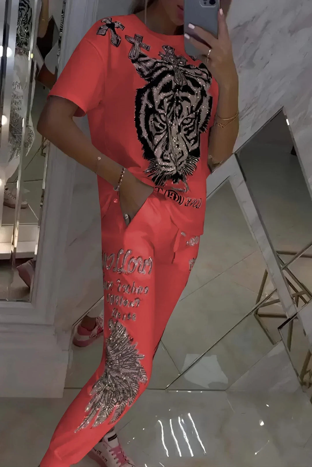 Quinzella Fashionable Set of Printed Top and Pants, view 6 - Elena Harper