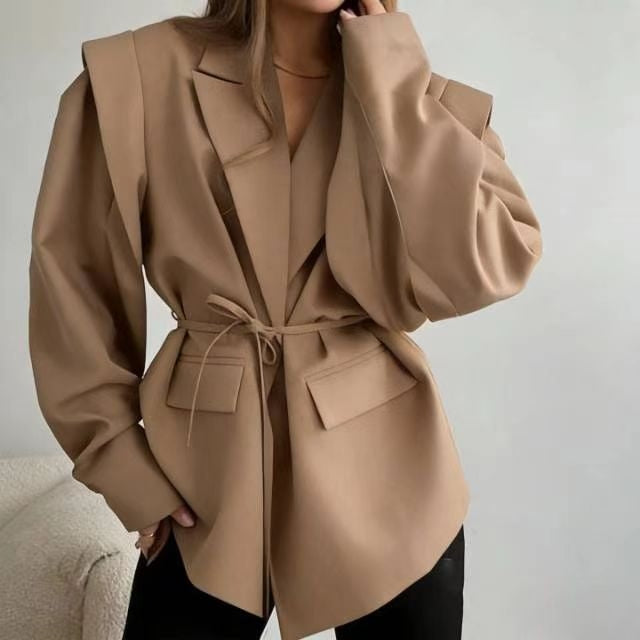 Lightweight Women's Spring Jacket with V-Neck, Ties, and Long Sleeves.
