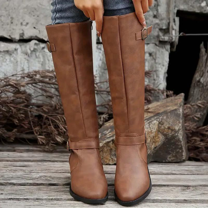 Alicia Elegant Knee-High Boots in Leather Look with Double Buckles, view 9 - Elena Harper