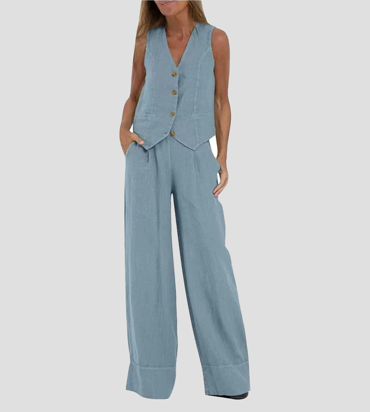 Women's Sleeveless V-Neck Wide-Leg Trouser Set - Elegant & Versatile
