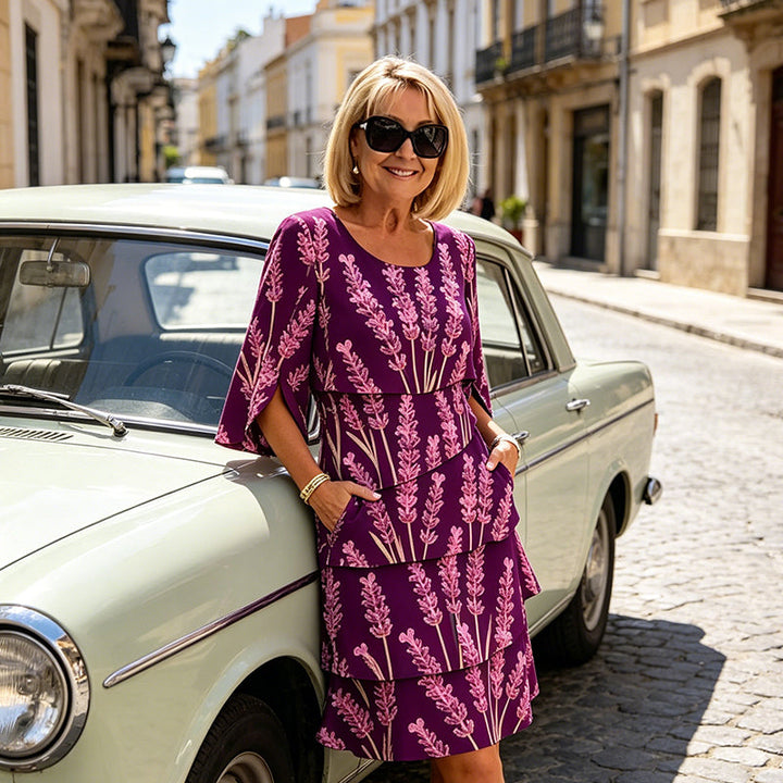Mid-Length Women's Dress with Layered Ruffles and Split Sleeves in Lavender Print - Elena Harper