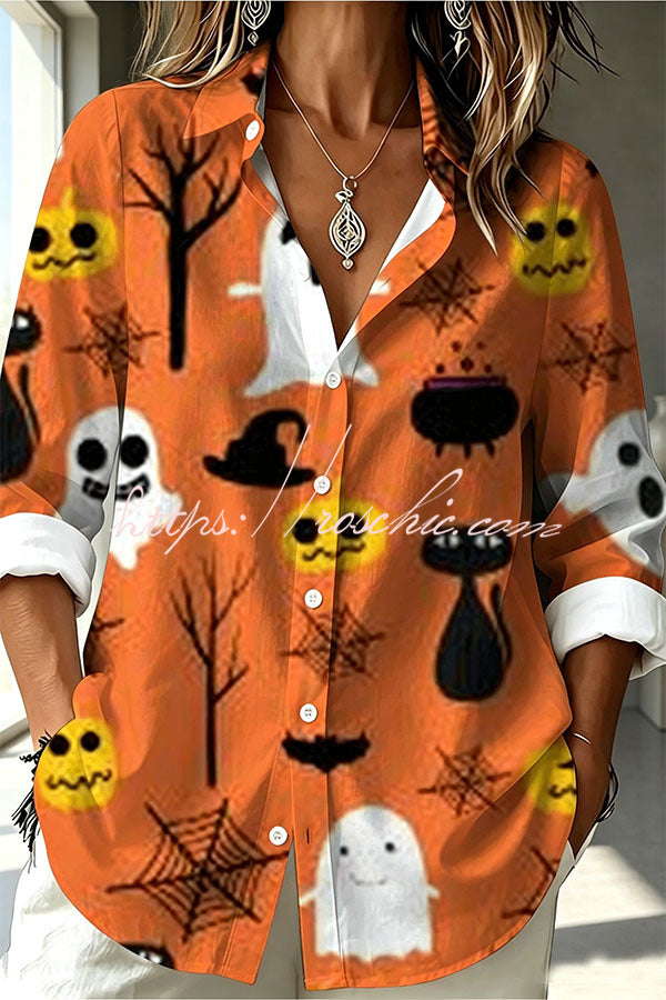 Halloween Shirt Featuring Bat and Jack-o'-lantern Patterns