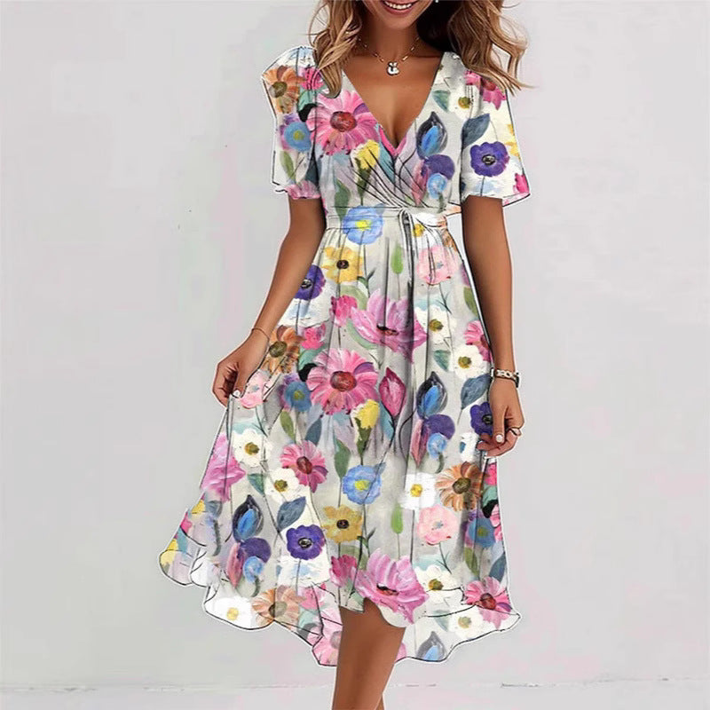 Women's Midi Floral Wrap Dress – A-Line Style with Short Sleeves