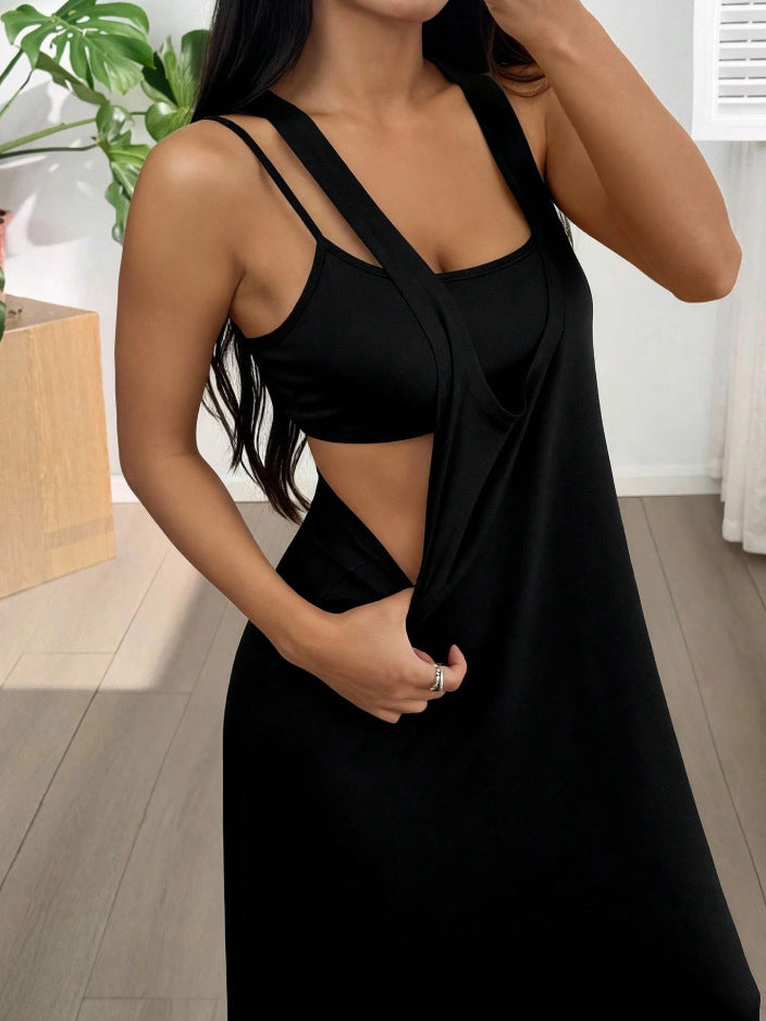 Long women's dress with a two-piece effect and side cutouts